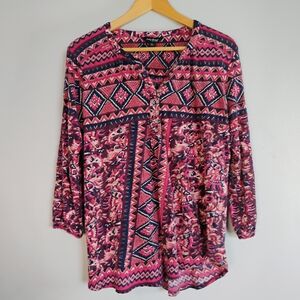 Lucky Brand Pink and Blue Graphic 3/4 Sleeve Blouse Size L Casual Tribal Print